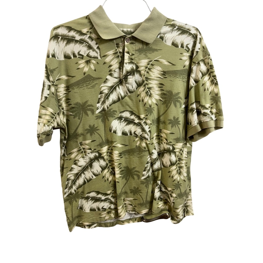 Summa Mens Green Tropical Palm Leaf Print Polo Shirt Large 100% Cotton Short Slv